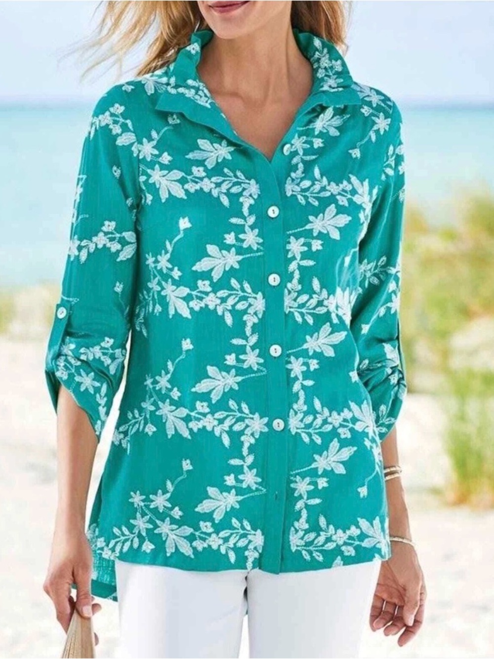 Soft Surroundings Treasure Teal Linen Blend Embroidered Isla Verdi Tunic Shirt